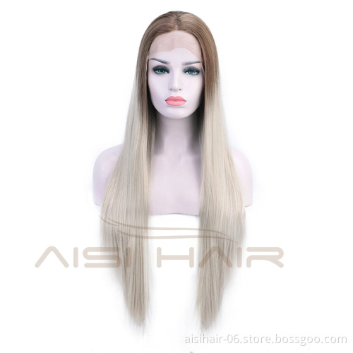 Aisi Hair Silky Straight Synthetic Lace Front Wigs Ombre Brown to Gray Heat Resistant Wigs Lace Front Middle Part Wig for Women